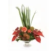 Anthuriums Mixed with Rose Hip, Ranunculus and Mixed Greens in Glass Compote