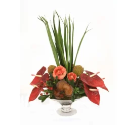 Anthuriums Mixed with Rose Hip, Ranunculus and Mixed Greens in Glass Compote