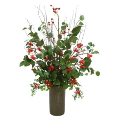 Bay & Elm Foliage with Red Berry Mix in Bronze Cylinder Planter