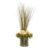 Beige Hydrangeas Bayleaves and Pods with Grasses in Glass Cylinder