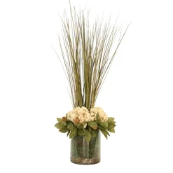 Beige Hydrangeas Bayleaves and Pods with Grasses in Glass Cylinder
