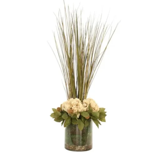 Beige Hydrangeas Bayleaves and Pods with Grasses in Glass Cylinder