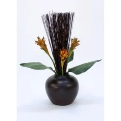Bird of Paradise Leaves with Cane Reeds in Brown Fat Vase