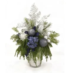 Blue Hydrangeas with Drooping Pine and Glitter Accents in Silver Vase
