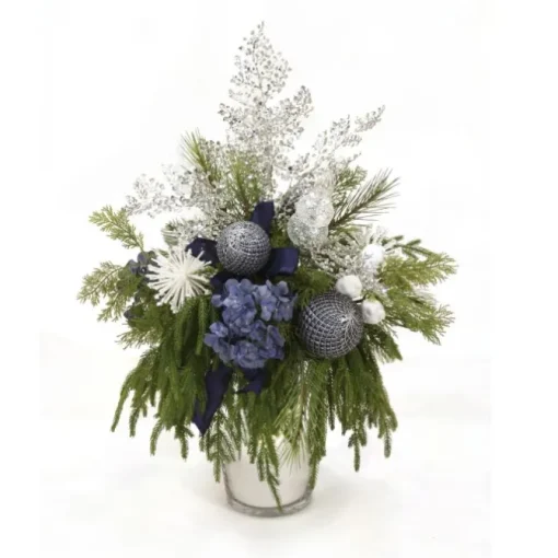 Blue Hydrangeas with Drooping Pine and Glitter Accents in Silver Vase