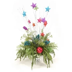 Bright and Colorful Arrangement with Ornaments and Drooping Pine