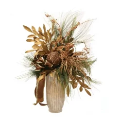 Bronze Arrangement with Pine and Gold Leaves and Bronze Accents in Tall Tan Container