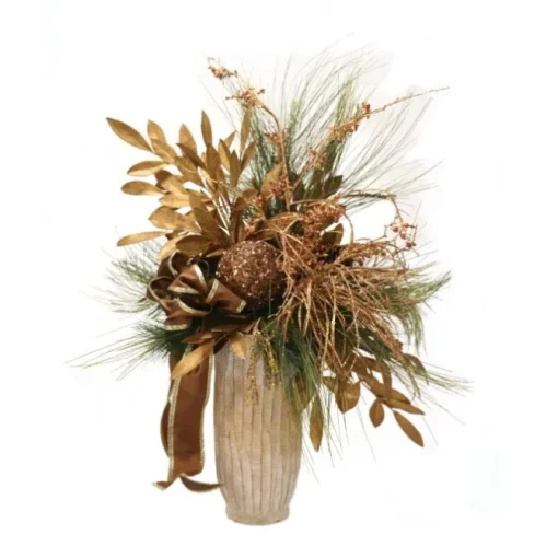 Bronze Arrangement with Pine and Gold Leaves and Bronze Accents in Tall Tan Container