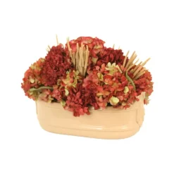 Burgundy Green Hydranges Mixed with Dried Millet and Foliage in Beige Planter