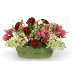 Burgundy Iris and Ranunculus with Hydrangea in Green Planter