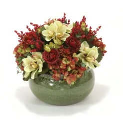 Burgundy Red and Green Tones in Round Green Stoneware
