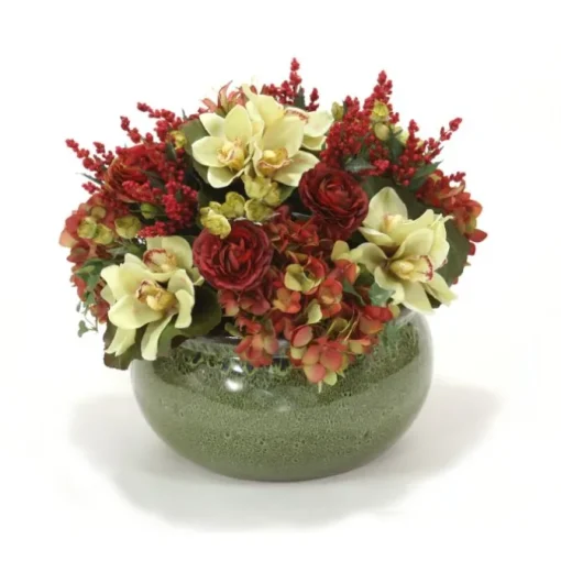 Burgundy Red and Green Tones in Round Green Stoneware