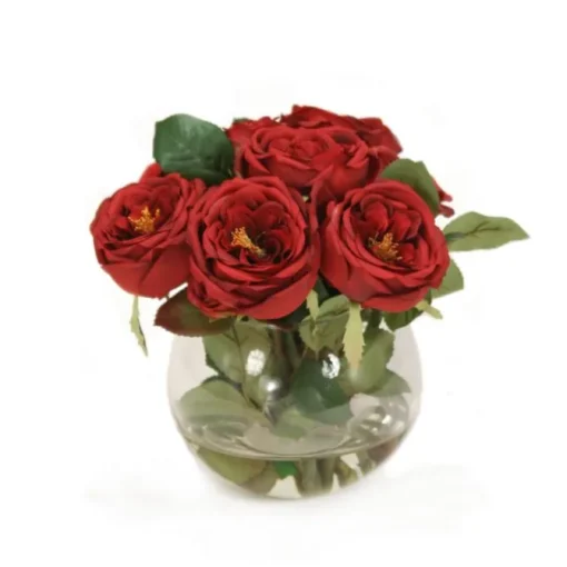 Burgundy Roses and Hydrangea in Rose Bowl
