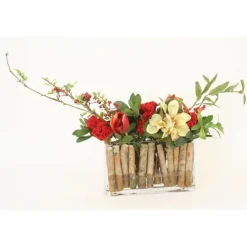 Burgundy Tulips with Celosia, Berry Stems and Cymbidium in Rectangular Vase Lined with Wood