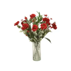 Burgundy Zinnas with Red Daisies and Eucalyptus in Tall Vase