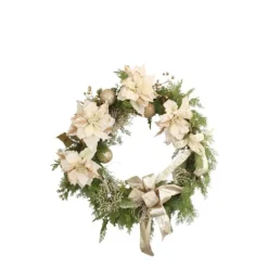 Cedar Wreath with White-Gold Poinsettias and Champagne Ornaments Chamagne Ribbon