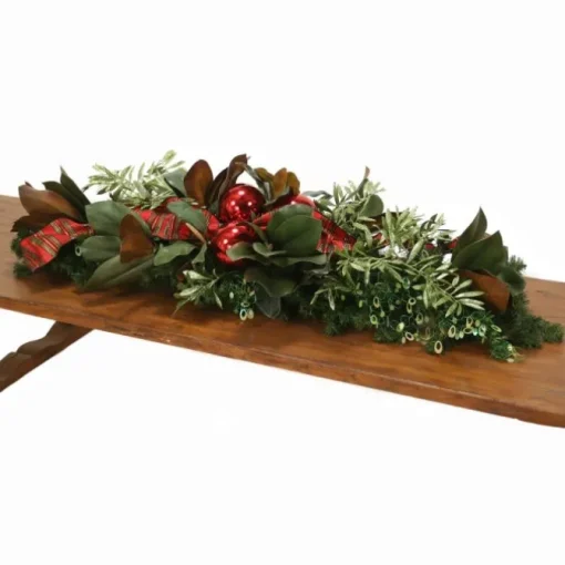 Christmas Tablescape Mixed with Pine and Magnolia, Red and Green Ribbon