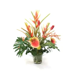 Coral Anthurium, Heliconia, Orchids in Glass Vase