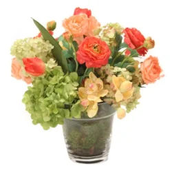 Coral Ranunculas Mixed with Green Hydrangeas in Glass Flower Pot