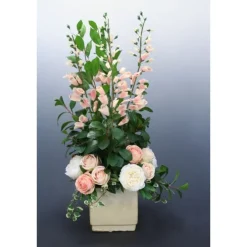 Cream Pink Roses with Foxglove in Square Container