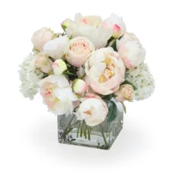 Cream White Hydrangea and Roses with Peonies in Glass Square