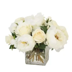 Cream White Peonies and Roses in Glass Square