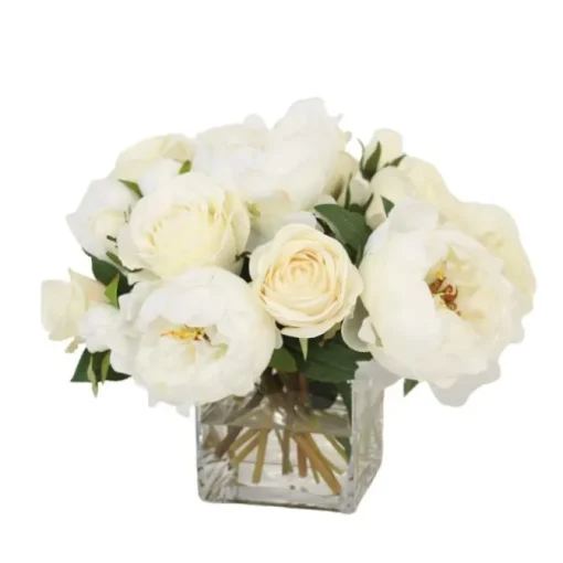 Cream White Peonies and Roses in Glass Square
