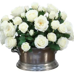 Cream White Roses in Matte Silver Oval Planter