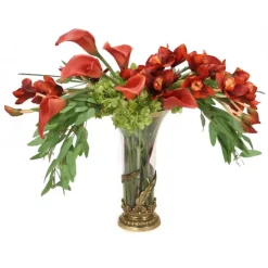 Cymbidium Orchids and Hydrangeas with Lilies in Tall Cylinder with Gold Leaf Base