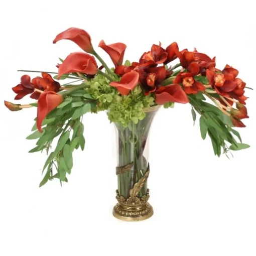 Cymbidium Orchids and Hydrangeas with Lilies in Tall Cylinder with Gold Leaf Base