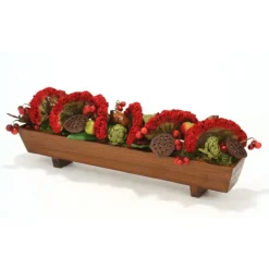 Dark Red Celosia, Red Cherry Spray, Pear Spray with Lotus Pods in Rectangular Wood Planter