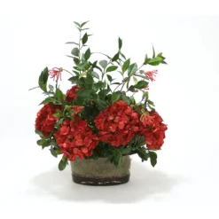 Dark Red Hydrangeas, Foliage in Oval Glass Vase