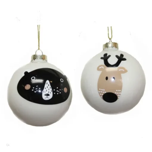 Designer Ornament Group featuring White Glass Ornaments with Black Bear and Deer Head