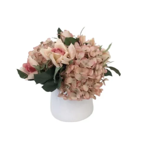 Dusty Pink Roses and Hydrangeas in White Container