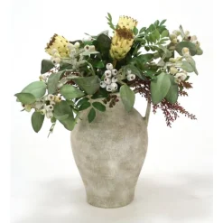 Eucalyptus Pods, Berries, Proteas in White-Washed Water Jar with Handles