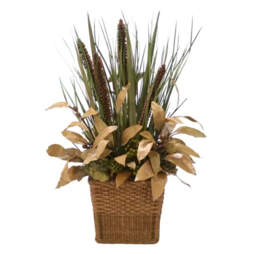 Fall Natural Grasses and Cierus Stalks in Small Rectangle Floor Basket