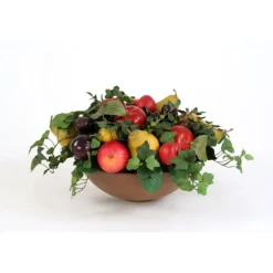 Faux Fruit Abundance Nestled with Foliage in An Olive Washed Bowl