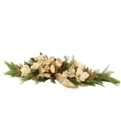 Fir Pine Mixed with Gold Cedar, Cream Sequin Amaryllis Flowers Tablescape