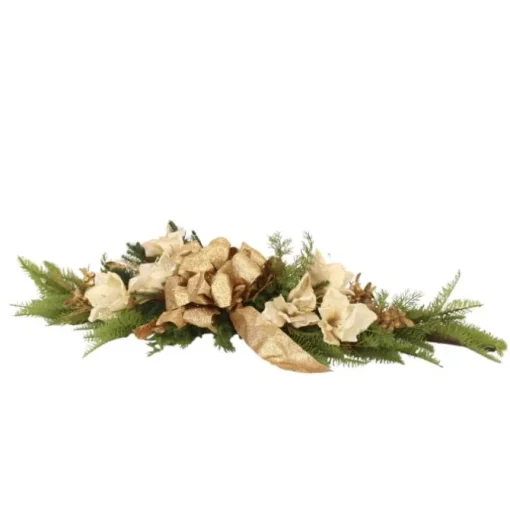 Fir Pine Mixed with Gold Cedar, Cream Sequin Amaryllis Flowers Tablescape