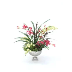 Fuchsia and Green Orchids in Distressed Pewter Hampton Urn