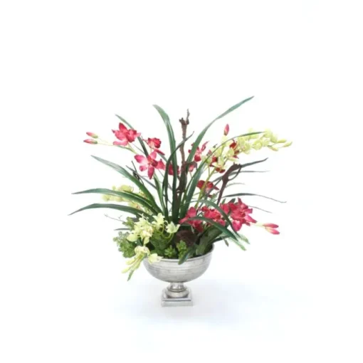Fuchsia and Green Orchids in Distressed Pewter Hampton Urn