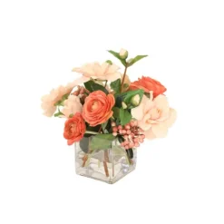 Gardenias Ranunculus and Berries in Square Glass Vase