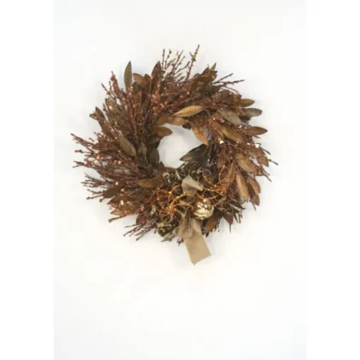 Glittered Brown and Gold Bay Leaf Wreath with Glass Ornaments