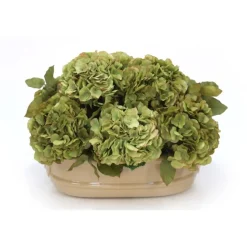 Green & Green Brown Hydrangeas in Ceramic Oval Planter