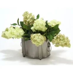 Green and Green-Rose Hydrangeas in Blackened Pewter Finish Planter