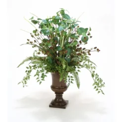 Green Brown Hypericum and Assorted Foliages in Small Cherry Urn