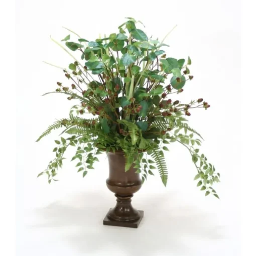 Green Brown Hypericum and Assorted Foliages in Small Cherry Urn