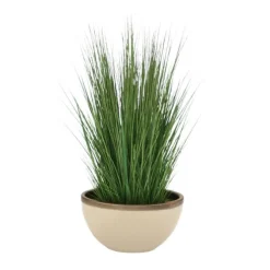 Green Grass in Shellish Sand Earthenware Oval Vase with Bronze Rim