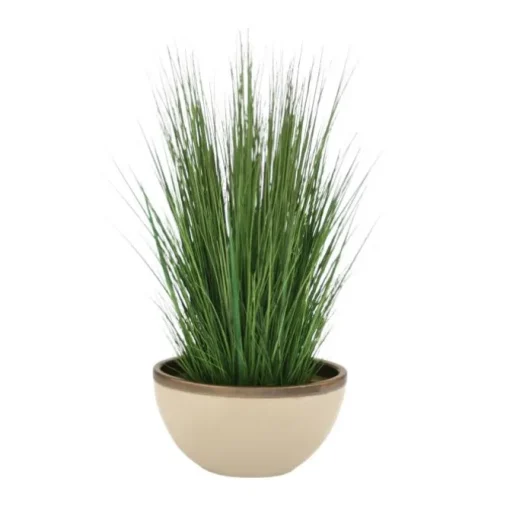 Green Grass in Shellish Sand Earthenware Oval Vase with Bronze Rim