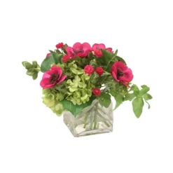Green Hydrangea, Anemones and Clover in Glass